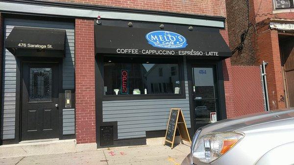 Melo's is located in a sunny spot on Saratoga St. There are a few parking spaces in front, but it's probably easier to walk if you're local.