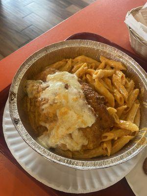 Chicken parm with penne a la vodka