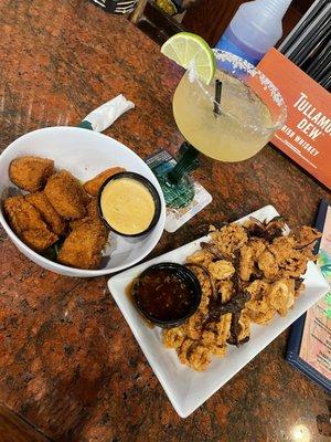 Fried calamari, mahi-mahi bites and top notch margarita