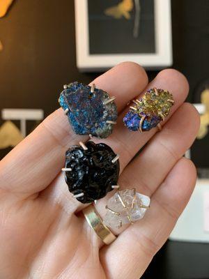 Peacock ore, tektite and quartz claw setting rings.  Raw gemstone rings in sterling silver and 14k gold filled wire