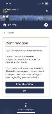 Dealer complaint I filed with DMV