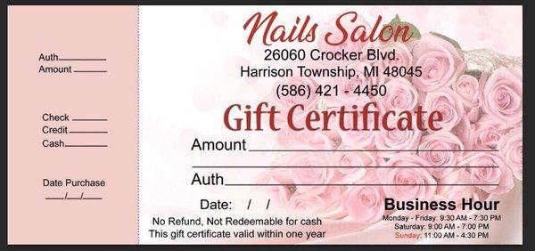 Gift certificates available for purchase. Great for any occasion for your friends and family.