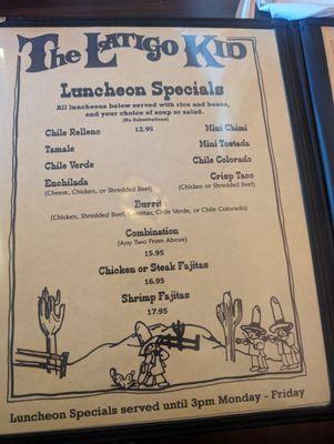 Lunch specials menu