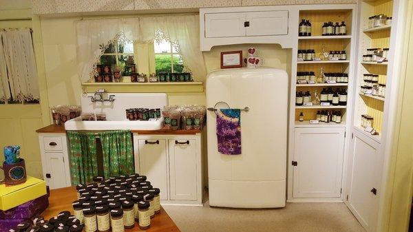 Cool retro kitchen area used to display baking sprices and other ingredients for baking.