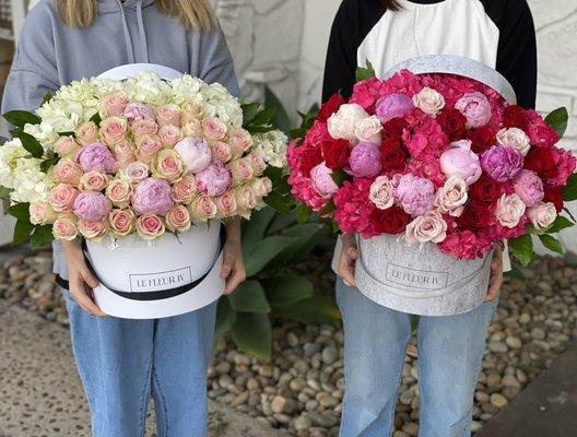 Signature flower boxes with roses, peonies & hydrangeas