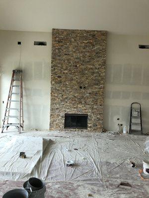 Another view of the beautiful new stacked stone fireplace.