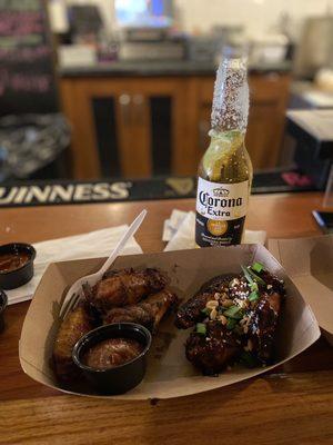 Smoked dry rub with apple butter BBQ sauce and Korean sticky wings