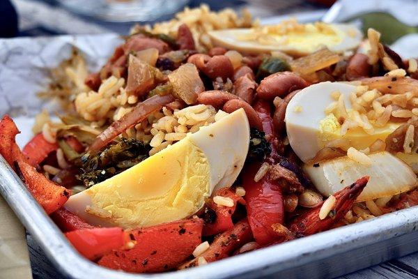 Delicous rice, beans and roasted veggies with duck egg!