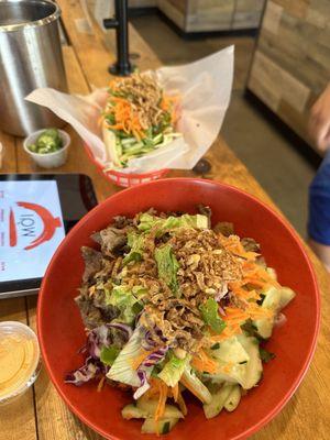 Pork rice bowl and beef banh mi