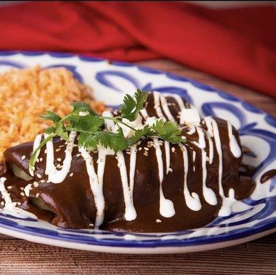 Chicken Enmoladas served with rice & beans on the side