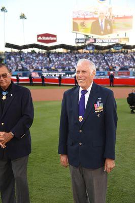 Dr. Williams being honored for his military service at the 2017 world series game at Dodger Stadium