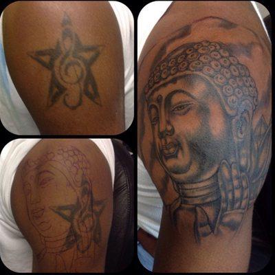 Buddha Cover-up tattoo done by Ray from Island City Tattoos. Baltimore city best tattoo shop ranked #1 on Google