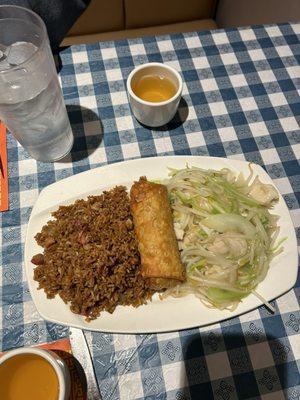 Chicken chow mein egg roll  and fried rice