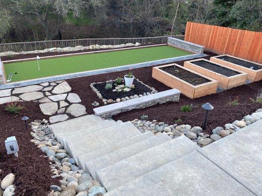 Turf court & garden beds