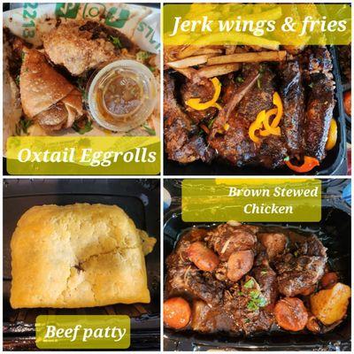 Oxtail Eggrolls, Jerk Chicken Wings, Brown Stewed Chicken & a Beef Patty.