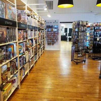 well organized shelves of gaming supplies