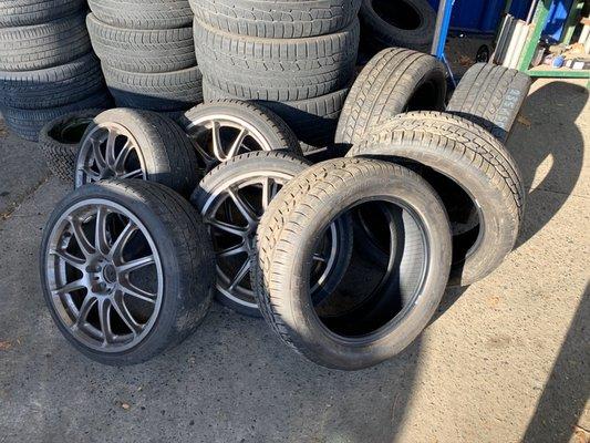 Tires and wheels that are being mounted.