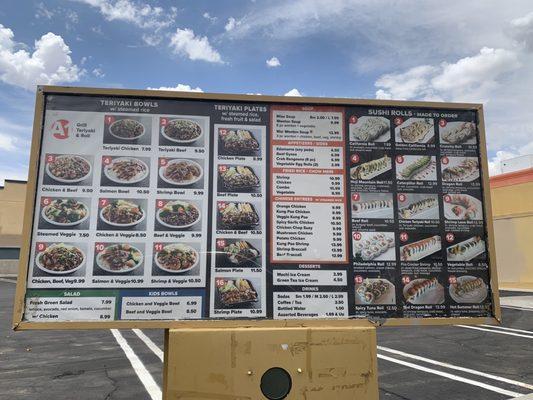 Drive thru view of the menu. Thank goodness for a drive thru sushi spot!