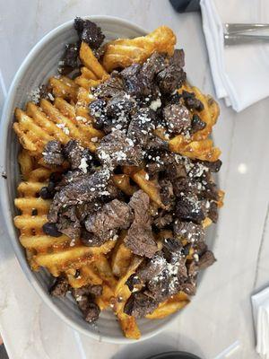 Carne asada waffle fries, toppings on the side. These were absolutely delicious