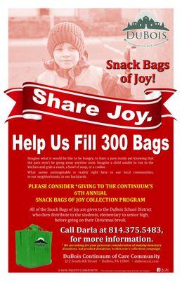 We are hosting our 6th Annual Snack Bags of Joy Program. Benefits DuBois School District Students. Help us fill 300 bags!