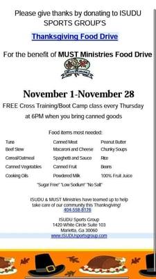 Free Thursday Boot Camps at 6 Pm when you bring a canned food!