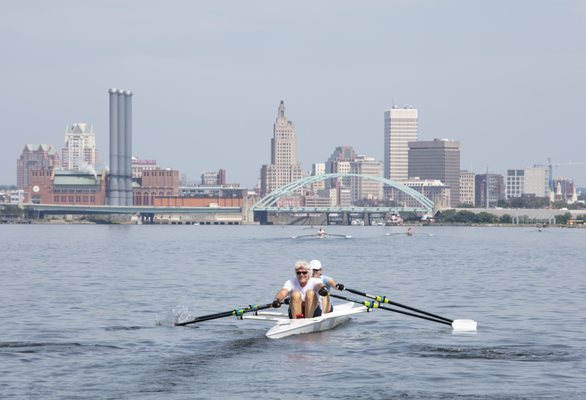 Peter Kermond and Carin Reynolds of UVRF charge back up the Providence River in the NB Regatta