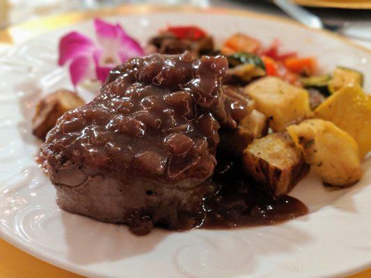 Wedding reception catering at the Morris Arboretum at the University of Pennsylvania. Filet of beef.