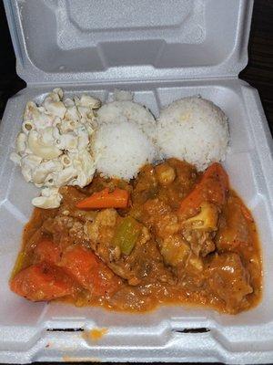 Beef stew, Mac salad and rice