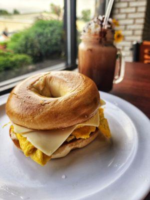 Egg and cheese sandwich and iced coffee