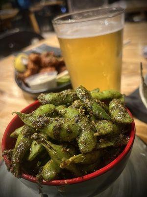 Fried CHICKEN Bites edamame with a nice cold beer  yummy