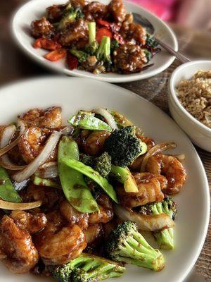 Foreground: Sa Sa-Cha Shrimp. Background: General Tso's Shrimp. Both with fried rice $3 up charge