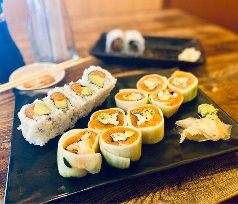 Front & Center "Happy Salmon roll" cucumber was too thick falling off hard to eat.