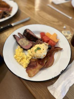 Some of the various items served - brisket, eggs, eggs bendict, bacon and fruit.  All delicious.