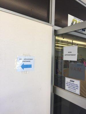 Sign leads people AWAY from the Non-Appointment entrance. The actual entrance sign can't be seen because it faces a wall when open!