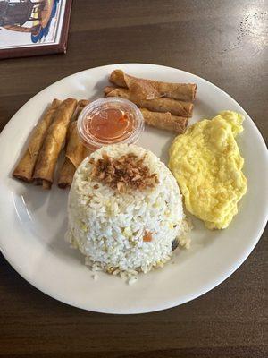 Lunch special fried rice with lumpia and I added a egg.