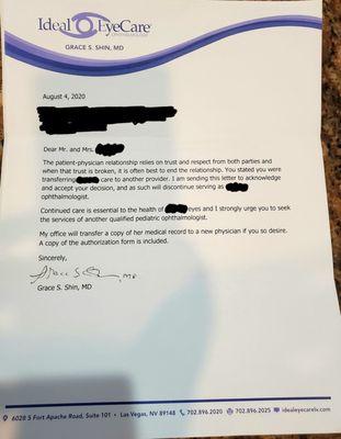 Very unprofessional letter was sent via certified mail.