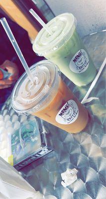 Iced coffee with toffee nut & Old Barrel Matcha