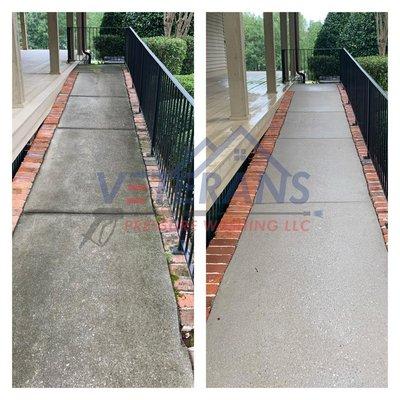 Concrete can get slippery when mold and mildew start to build up. Our commercial grade cleaning solutions produce great results like this.