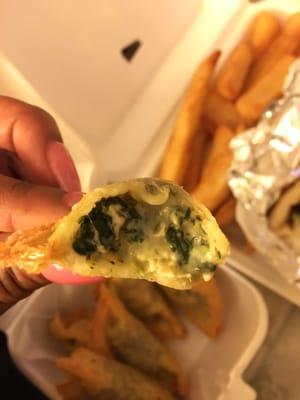 Inside of Spinach & Artichoke Wontons