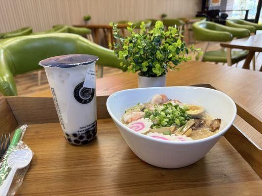 Tonkotsu ramen with pork and shrimp, vanilla milk tea