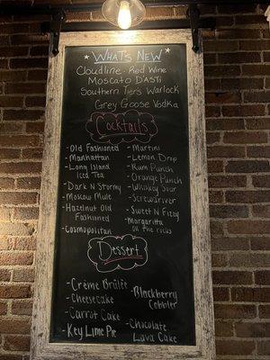 Wine and dessert menu