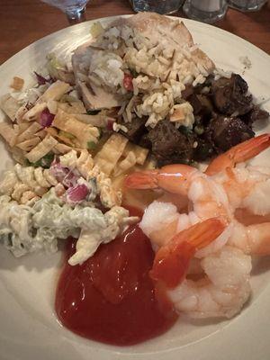 Easter buffet - shrimp, turkey, wild rice, marinated mushrooms, and pasta salads.