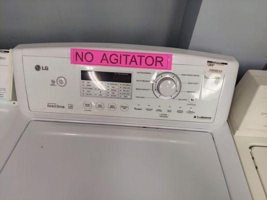 Washers are labeled when they don't have an agitator (larger capacity)