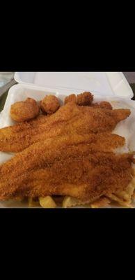 2 piece fried catfish with hush puppies and fries.