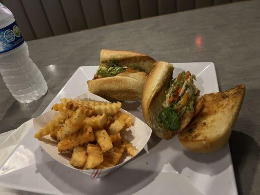 Summer Shrimp Po Boy with well seasoned fries.