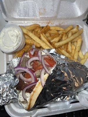 Beef Gyro Sandwich combo with extra Tzatziki on the side.