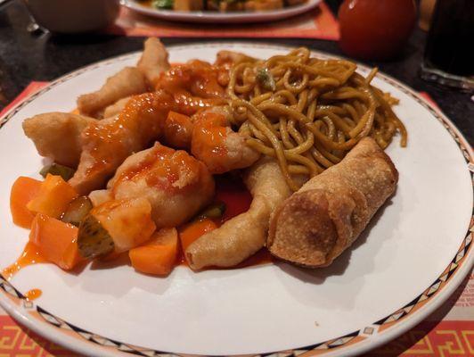 Sweet and sour chicken with lo mein.