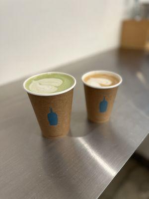 Matcha latte with oat milk and cappuccino with almond milk