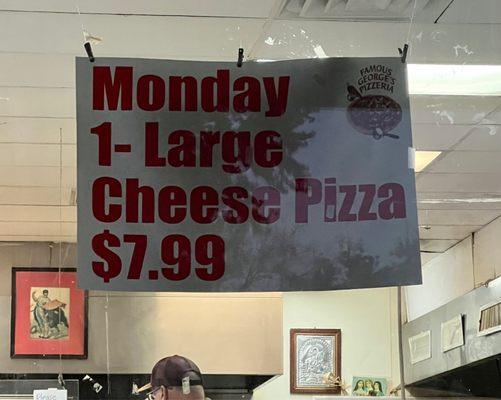 Monday special large pizza $7.99