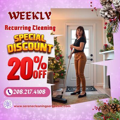 Looking for a spotless home this Holiday Season?  Book a Weekly Cleaning and get 20 % Off